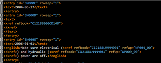 Screenshot of Trados Studio's XML code editor showing XREF tags and text entries.