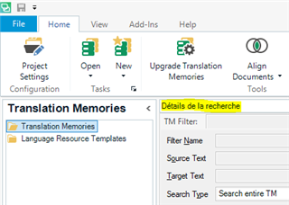 Screenshot of Trados Studio interface showing a section with French text 'Details de la recherche' in the Translation Memories tab.