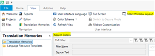Screenshot of Trados Studio interface with the View tab active and the 'Reset Window Layout' option highlighted.