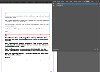 Screenshot of Trados Studio interface showing a document with text in German and Chinese. The text is highlighted to indicate the selection of a different font for the target layer as suggested by Stefano De Astis.