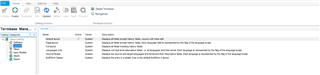 Trados Studio 'Translation Memories' view, listing multiple translation memory files with details such as name, direction, and description.