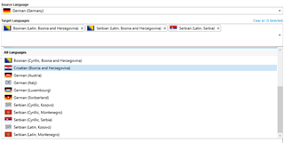 Screenshot of Trados Studio with a red error indicator next to 'Serbian (Latin, Bosnia and Herzegovina)' in the language pair list.