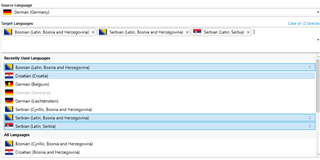 Screenshot of Trados Studio showing available language combinations with 'Serbian (Latin)' and 'German' highlighted in blue.