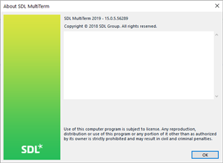 About SDL MultiTerm dialog box showing version 2019 - 15.0.5.56289 with copyright and license information.
