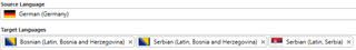 Screenshot of Trados Studio language settings displaying source language as German (Germany) and target languages as Serbian (Latin, Bosnia and Herzegovina) and Serbian (Latin, Serbia).
