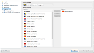 Trados Studio screenshot showing the 'Project Settings' window with 'Source Language' and 'Target Languages' lists. German (Germany) is selected as the target language.