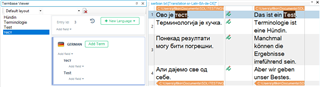 Screenshot of Trados Studio showing term recognition working for de(DE) to sr(Latn-BA) with terms correctly added.