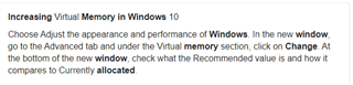 Instructions on increasing virtual memory in Windows 10, advising to adjust appearance and performance of Windows, go to Advanced tab, and change Virtual memory.