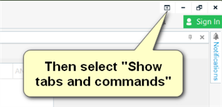 Screenshot highlighting the 'Sign In' button in Trados Studio with a tooltip instructing to select 'Show tabs and commands'.