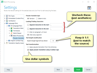 Trados Studio settings window showing options for pseudotranslation with annotations to uncheck certain boxes and keep a 1:1 text length ratio using dollar symbols.