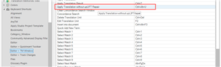 Trados Studio screenshot showing an options menu with 'Apply Translation without TM Plugin' option circled in red indicating an error.
