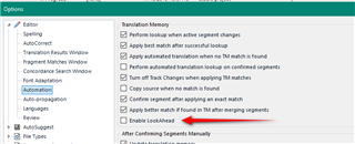 Trados Studio Options menu with an arrow pointing to the 'Enable Lookahead' feature under the Automation tab.