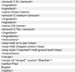Screenshot of an XML code snippet displaying recipe ingredients and instructions with tags such as 'ingredient', 'amount', 'name', 'step', and 'recipe'. No visible errors or warnings.