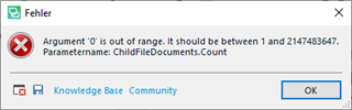 Error message in Trados Studio stating 'Argument '0' is out of range. It should be between 1 and 2147483647. Parametername: ChildFileDocuments.Count' with an 'OK' button.