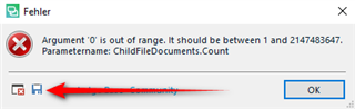Error dialog box in Trados Studio with a red circle exclamation mark icon, stating 'Argument '0' is out of range. It should be between 1 and 2147483647. Parametername: ChildFileDocuments.Count'. An 'OK' button is at the bottom.