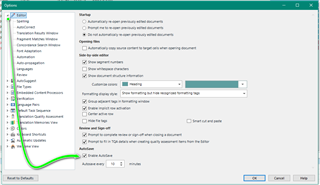 Trados Studio Options dialog showing Autosave settings with a minimum of 1 minute and default set to 10 minutes.