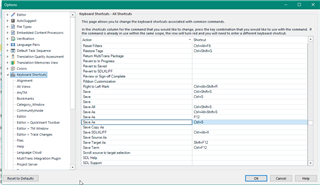 Trados Studio Options dialog displaying Keyboard Shortcuts with various commands and their corresponding key assignments.