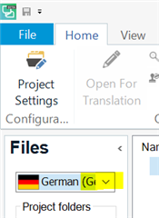 Trados Studio screenshot showing the Files view with the source language set to German in the dropdown menu.