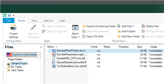 Trados Studio interface showing the Files view with a list of sample files including 'SamplePresentation.pptx', 'SecondSample.docx', and 'TypefaceMatch.doc.sdlxliff', all with 'na' status.