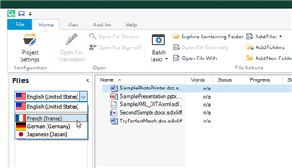 Trados Studio screenshot displaying target language selection dropdown with English (United States) as source and options for German (Germany) and Japanese (Japan) as target languages.