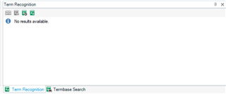Screenshot of Trados Studio's Term Recognition pane displaying 'No results available' message, indicating a failure to recognize the term.