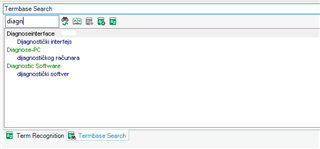 Screenshot of Trados Studio's Termbase Search pane with the term 'diag' entered and a list of related terms displayed, confirming the term exists in the termbase.