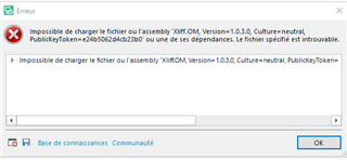Error message in Trados Studio stating 'Impossible to load the file or assembly Xliff.OM, Version=1.0.3.0, Culture=neutral. The specified file is not found.' with an OK button.