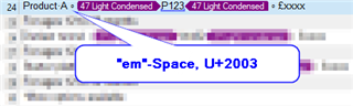 Screenshot highlighting 'em' space character in Trados Studio with Unicode U+2003.