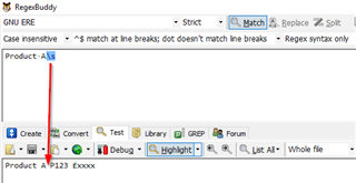 Screenshot of RegexBuddy with a red line indicating a failed match for 'Product-A' followed by an 'em space'.