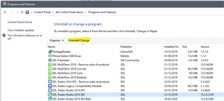 Control Panel window showing Programs and Features list with 'UninstallChange' option highlighted for Trados Studio 2019 SR2.