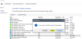 Dialog box with options 'Uninstall', 'Repair', and 'Cancel' for Trados Studio 2019 SR2 highlighted.