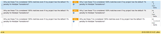 Screenshot of Trados Studio showing four identical error messages stating 'Why are there 0 translation units instead of 1 per segment like the TM says, penalty by Machine Translation?'