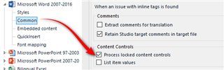 Trados Studio screenshot showing the option to 'Process locked content controls' under 'Content Controls' in the 'Common' settings for Microsoft Word 2007-2016.