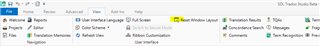 Trados Studio interface with a highlighted 'Reset Window Layout' option in the 'View' tab.