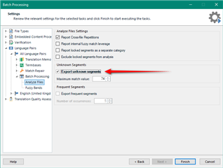 Trados Studio Batch Processing window with settings for exporting unknown segments, including options for report creation and segment analysis.