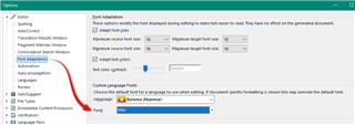 Trados Studio options menu with Font Adaptation settings showing Burmese (Myanmar) selected as the default target language font with KNU font mapped.