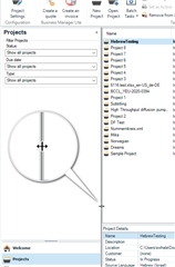 Trados Studio screenshot showing the Projects view with a magnifying glass icon indicating a search function, and a list of projects named Project 1 to Project 8 and SDL Trados Studio 2021.