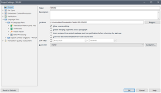 Trados Studio project settings window with default view at 1920x1080 resolution, showing options for language pairs and project automation.