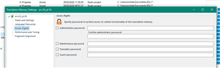 Trados Studio Translation Memory Settings window showing access rights options including Administrator, Maintenance, ReadWrite, and Read-only with a field for Administrator password.