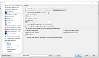 Trados Studio settings window showing options for segment merging, such as 'Include revision flag in segments' and 'Merge segments across paragraph marks'.