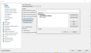 Trados Studio settings window showing Spelling options with 'Add custom dictionaries' dialog open, listing 'CUSTOM_DICTIONARY' with language set to 'English (U.S.)'.