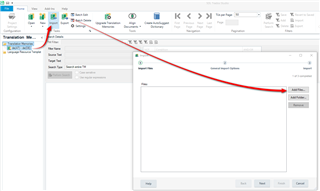 Trados Studio screenshot showing the Home tab with the Import tab selected. A red arrow points to the 'Add Files...' button in the Translation Memories view.