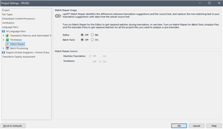 Trados Studio Project Settings window with Match Repair options showing radio buttons for turning the feature on or off.