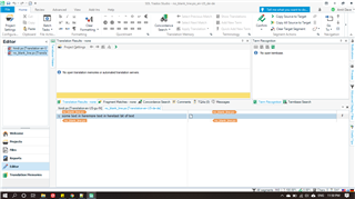Trados Studio screenshot showing an error message 'No translation available in translation memory or machine translation'