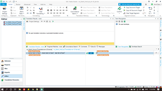 Trados Studio screenshot with a warning 'Text inserted here' highlighted in yellow, indicating a potential issue