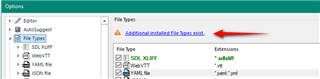 Trados Studio Options menu showing File Types with a warning message 'Additional installed File Types exist' and a red arrow pointing to it.