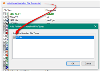 Add Additional Installed File Types dialog box with 'POFile' highlighted and a red arrow pointing to the OK button.
