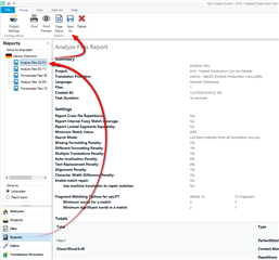 Trados Studio screenshot showing the Reports view with an arrow pointing to the 'Save-As' button in the Analysis Report section.