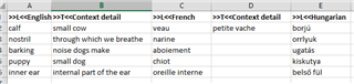 Excel spreadsheet showing a termbase conversion with columns labeled in English, French, and Hungarian, including terms and their corresponding details.