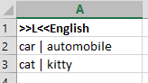 Excel spreadsheet showing a column with English terms and their synonyms separated by a vertical line.
